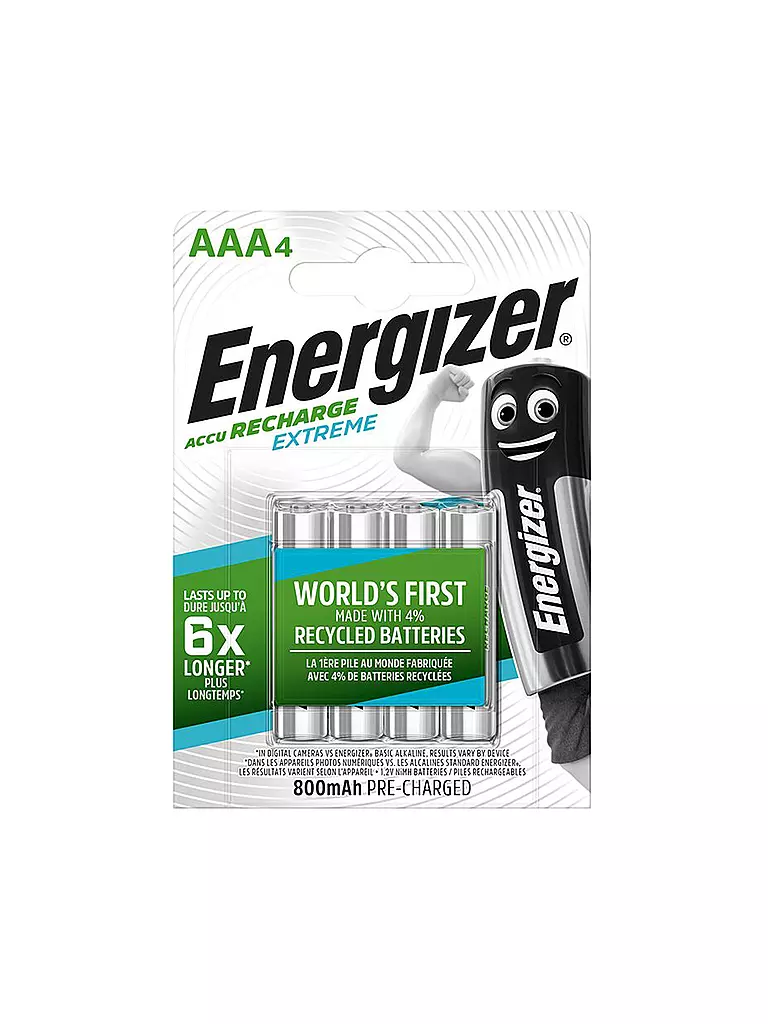 ENERGIZER | Akku Extreme AAA Micro 800 mAh 4 Stück Wiederaufladbar | keine Farbe