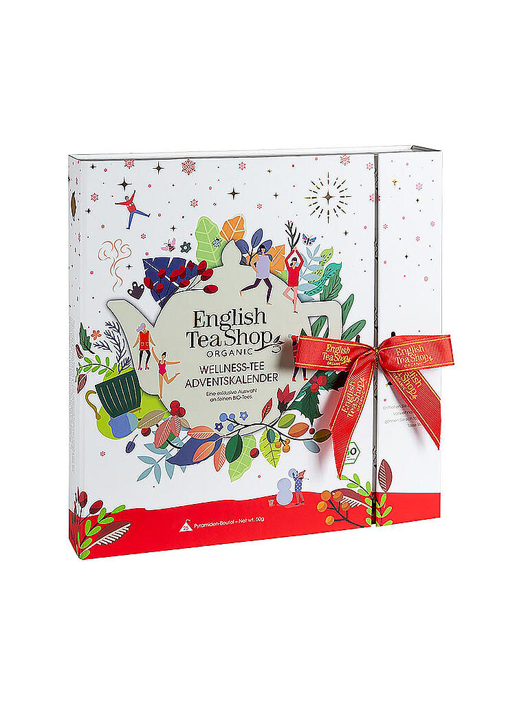 ENGLISH TEA SHOP | Teebuch Adventskalender 2022 mit Schleife "Wellness", 25 Boxen mit BIO-Tees in hochwertigen Pyramiden-Teebeuteln | weiss