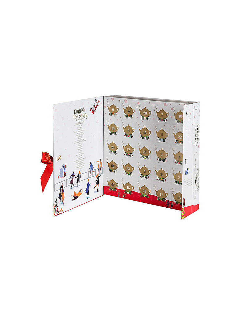 ENGLISH TEA SHOP | Teebuch Adventskalender 2022 mit Schleife "Wellness", 25 Boxen mit BIO-Tees in hochwertigen Pyramiden-Teebeuteln | weiss