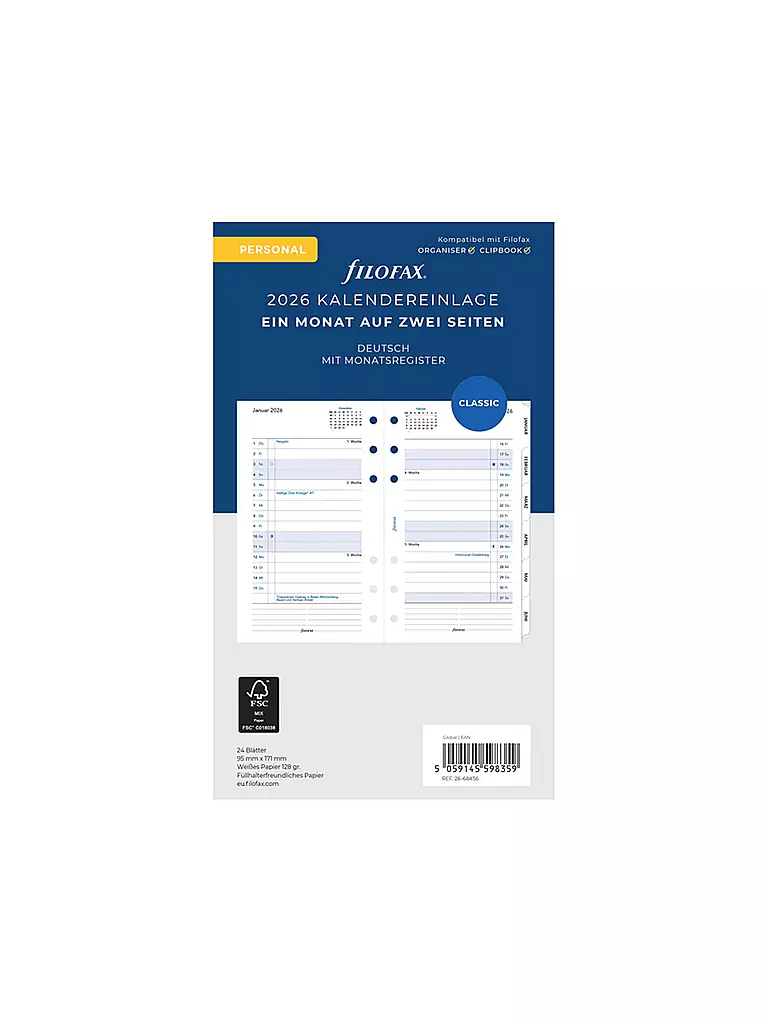 FILOFAX | Kalendereinlage Monat Deutsch Personal 2026 | weiss