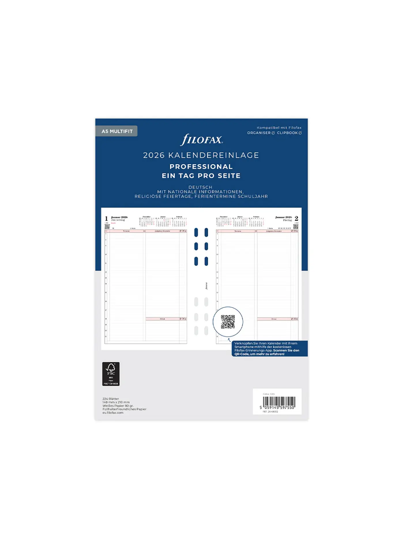 FILOFAX | Kalendereinlage Tag Professional deutsch A5 2026 | weiss
