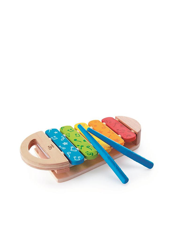 HAPE Regenbogen Xylophon transparent Xylophon und Hammerspiel 6 teilig aus Holz