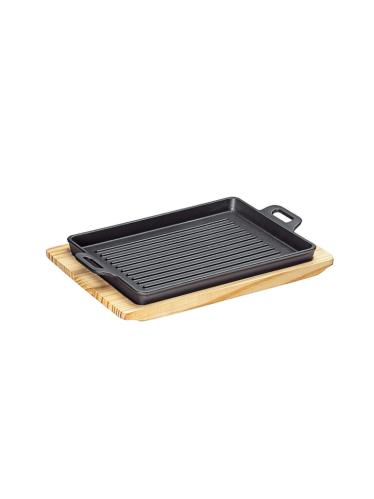 KÜCHENPROFI BBQ Grillpfanne Gusseisen, 32×22×3,5 cm, Holzbrett, Rillen