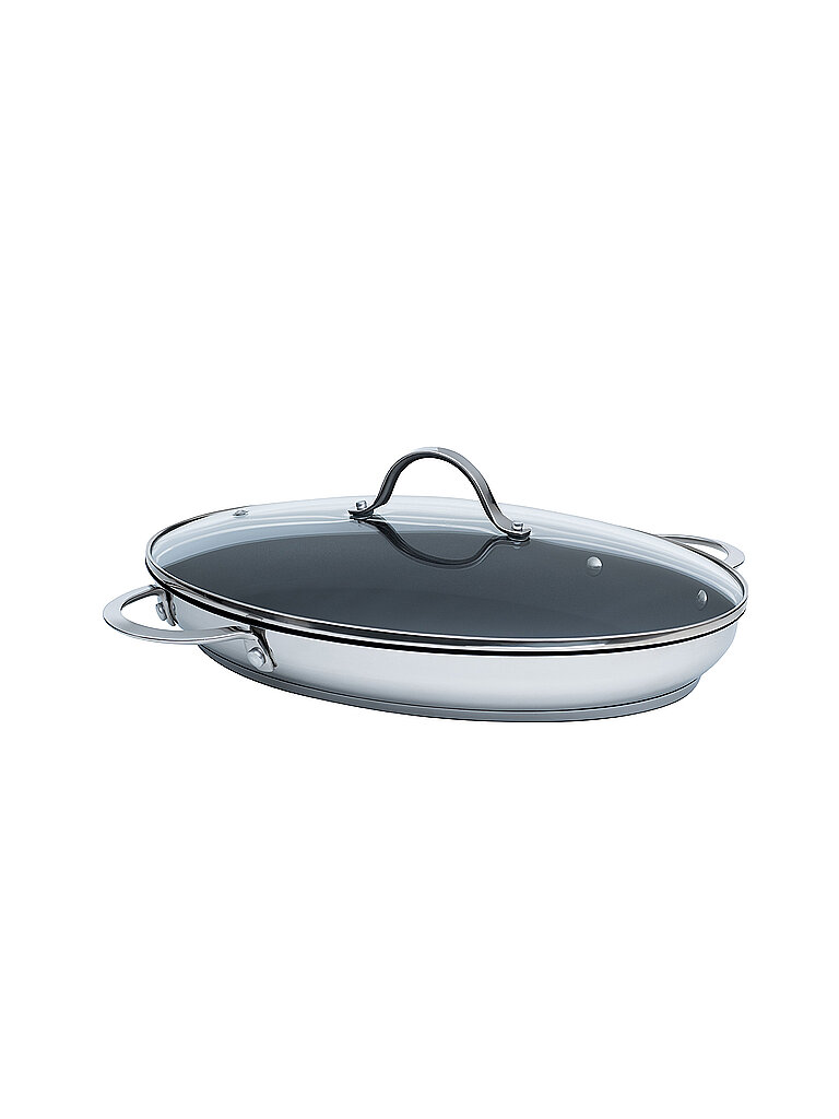 Fischpfanne  Anthrazit Silber  Metall  oval  26x5x389 cm  backofengeeignetbackofengeeignet antihaftbeschichtet Deckel hitzebeständig