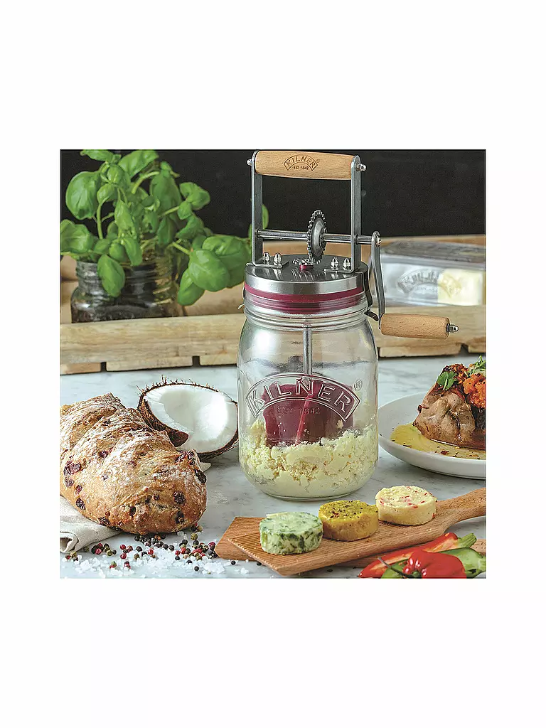 KILNER | Butterfass mit Kurbel 1l Glas/Edelstahl | transparent