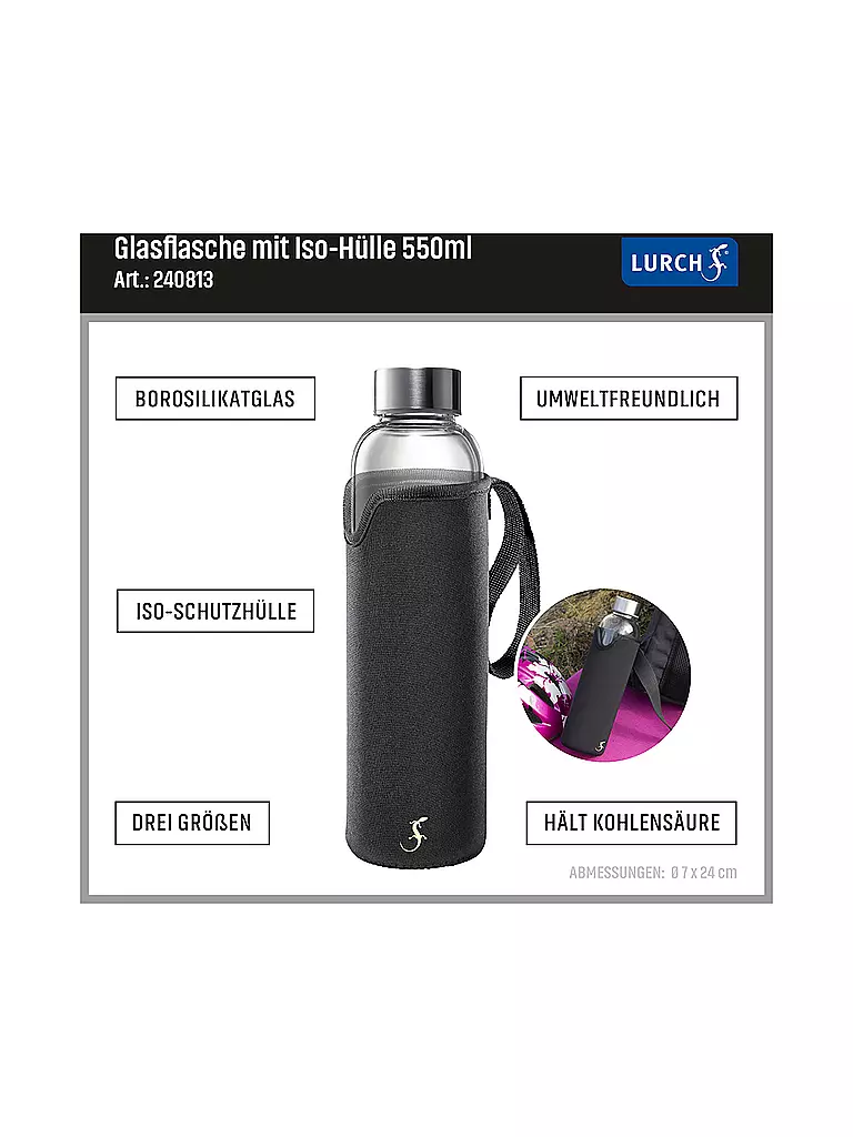 LURCH | Glasflasche mit Iso-Hülle 0,55l schwarz | transparent