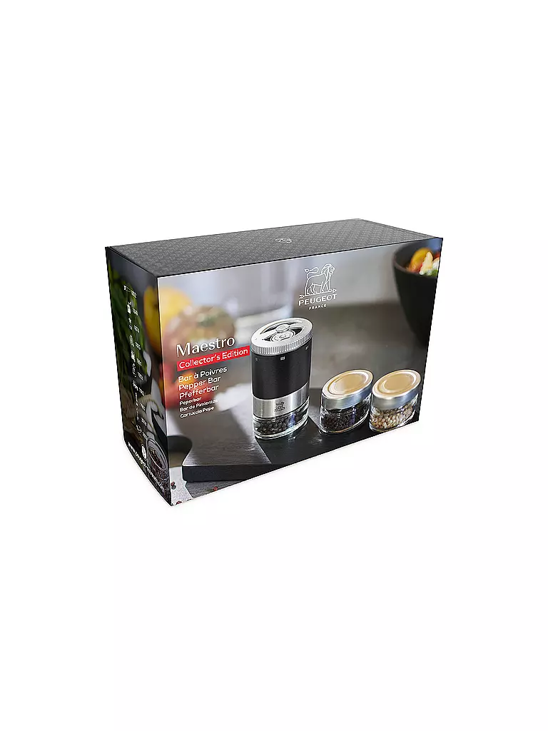 PEUGEOT | Pfeffermühle U'Select, Pfefferbar, inkl. 3 Premium-Pfeffern im Vorratsglas, Rezeptbuch & Stift zur Beschriftung Schwarz Ma | schwarz