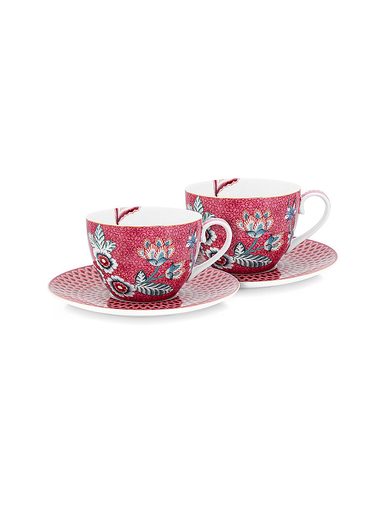 PIP STUDIO Cappuccinotassen Set mit Untertasse 2er 280ml Flower Festival Dark Pink beere – PiP Studio