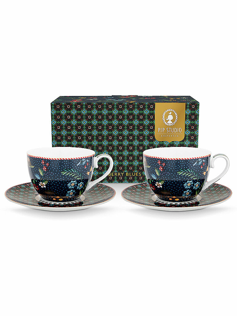 PIP STUDIO Cappuccinotasse mit Untertasse 2-er Set BERRY BLUES 280ml Blue dunkelblau – PiP Studio