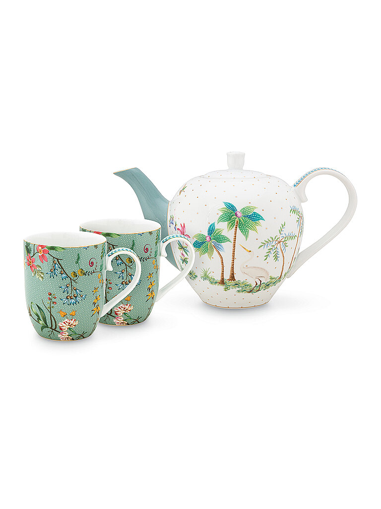 PIP STUDIO Teekanne mit Henkelbecher S Set   Jolie Flowers Blue türkis