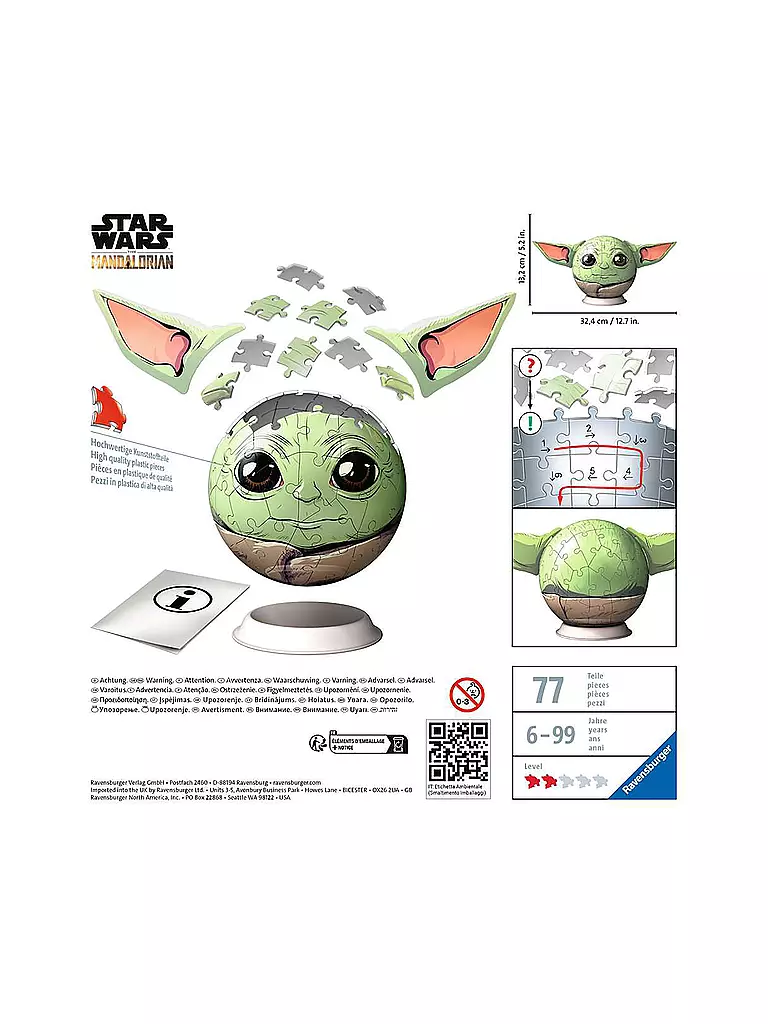 RAVENSBURGER | 3D Puzzle - Ball Mandalorian Grogu mit Ohren 72 Teile  | keine Farbe