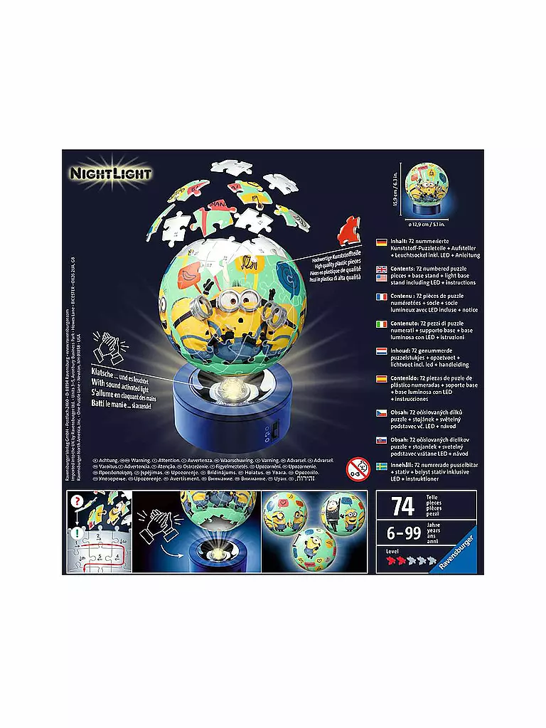 RAVENSBURGER | 3D Puzzle 11180 - Nachtlicht Puzzle-Ball Minions - 72 Teile | keine Farbe