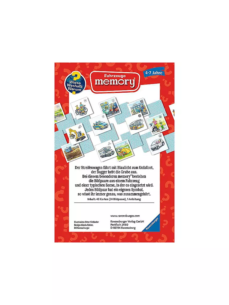 RAVENSBURGER | Mitbringspiel - Wieso Weshalb Warum - Fahrzeuge memory® | keine Farbe