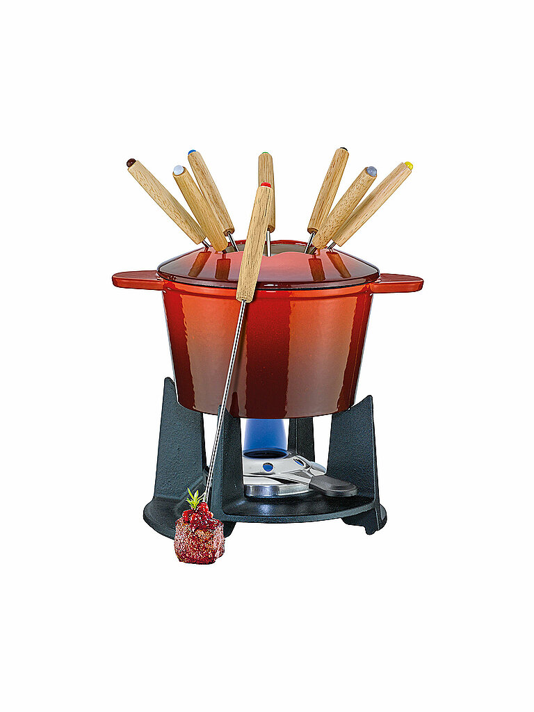 Spring Gusseisen Fondue-Set GRENOBLE rot, Ø 15,5 cm mit 8 Fonduegabeln, 16 cm