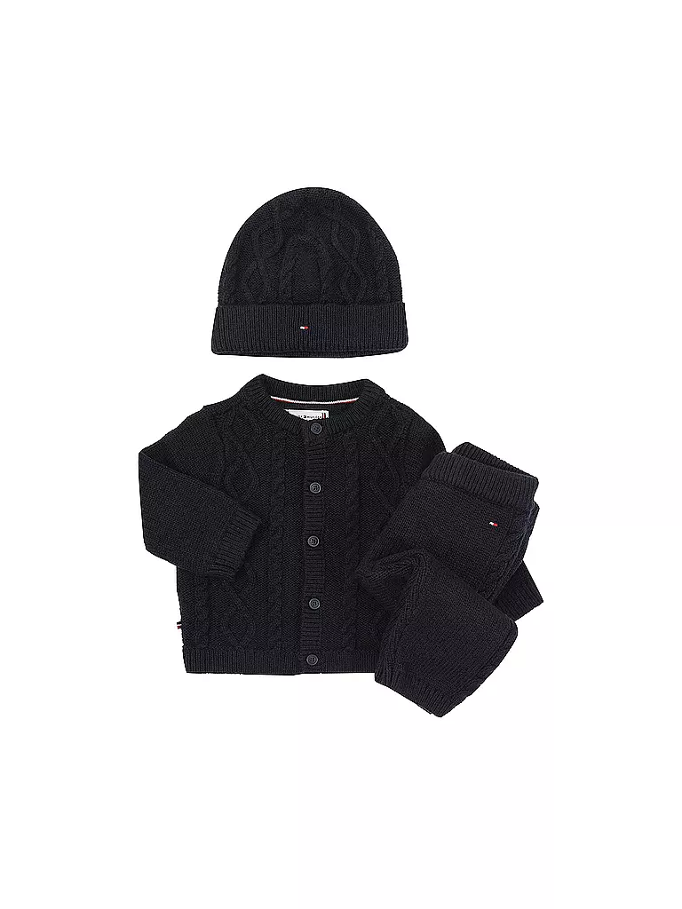 TOMMY HILFIGER | Baby Set Strickjacke, Strickhose und Mütze 3-teilig | blau