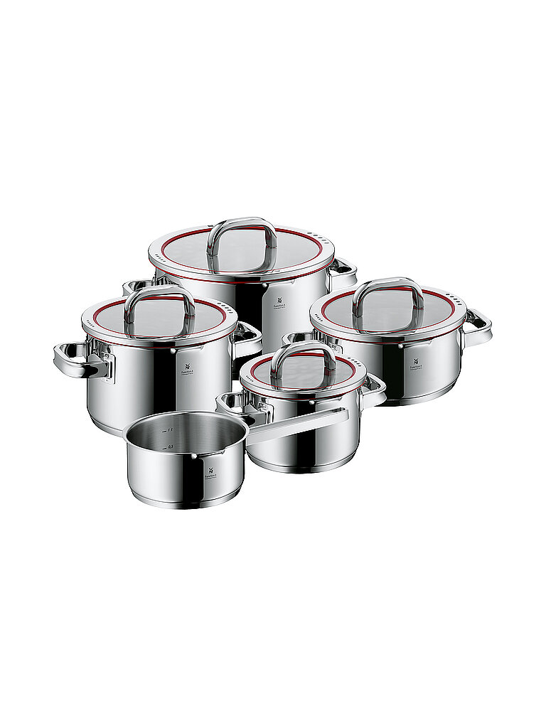 Topf-Set Function 4 Glasdeckel mit 4 Abgießfunktionen poliert unbeschichtet rot (edelstahlfarben rot) Töpfe Induktions Töpfe Set Innenskalierung für alle Herdarten geeignet Topseller