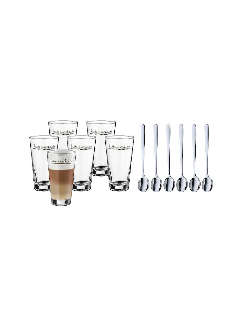 WMF Clever&More Latte Macchiato Gläser Set 12-teilig, Latte Machiatto-Gläser mit Löffel 280 ml, Latte Macchiato Glas mit Aufdruck, spülmaschinengeeignet