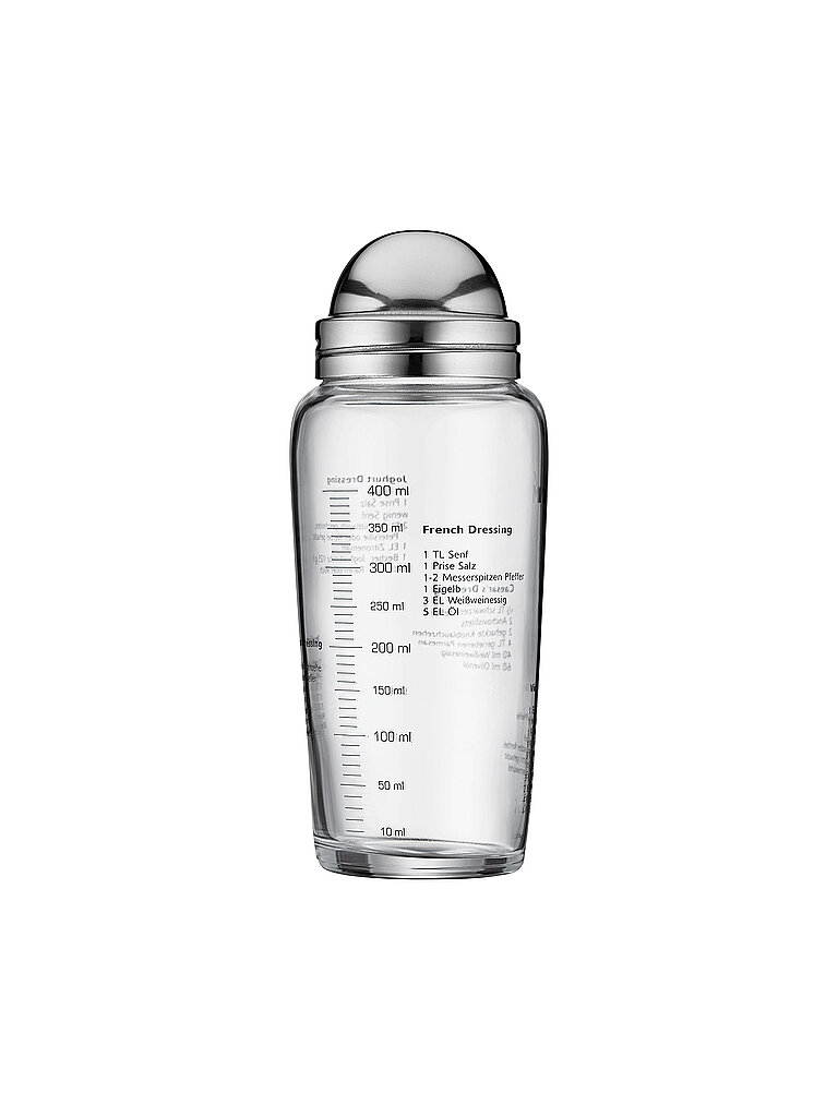 WMF Salat Dressingshaker 400ml, Glasbehälter mit Skalierung, mit 5 aufgedruckte Rezepte, Glas, Cromargan Edelstahl, spülmaschinengeeignet