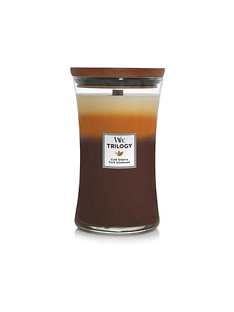 WOODWICK | Candela a Clessidra con Stoppino Scoppiettante 454g Trilogy Cafe Sweets