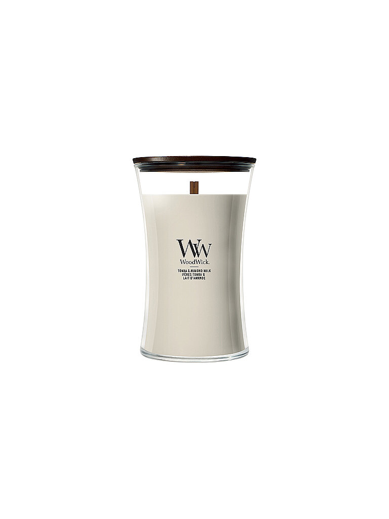 WOODWICK Sanduhr-Kerze 610gr Knisterdocht Large Tonka und Almond Milk  creme