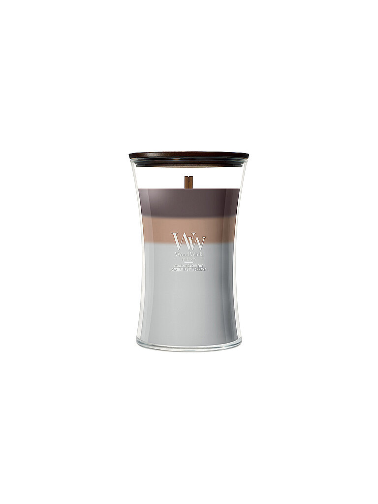 WOODWICK Sanduhr-Kerze 610g Knisterdocht Large Radiant Cashmere hellbraun